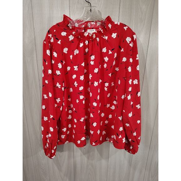 J Crew Blouse Women Red Floral Print Plus Size 3X Fairy Peasant Ruffle Neck Top - Picture 1 of 8